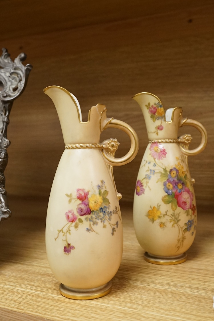 A pair of Worcester blush miniature ewers, an Italian pottery cat and a glass decanter and stopper, decanter 27cm high